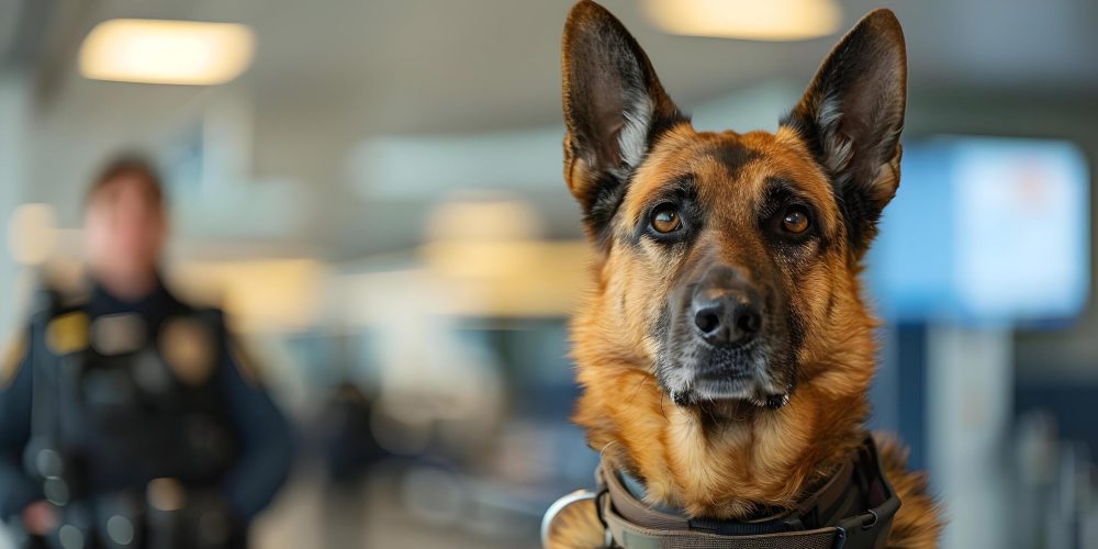 Airport security with K9 unit dog Police dog and handler Surveillance. Concept Airport Security, K9 Unit, Police Dog, Handler, Surveillance