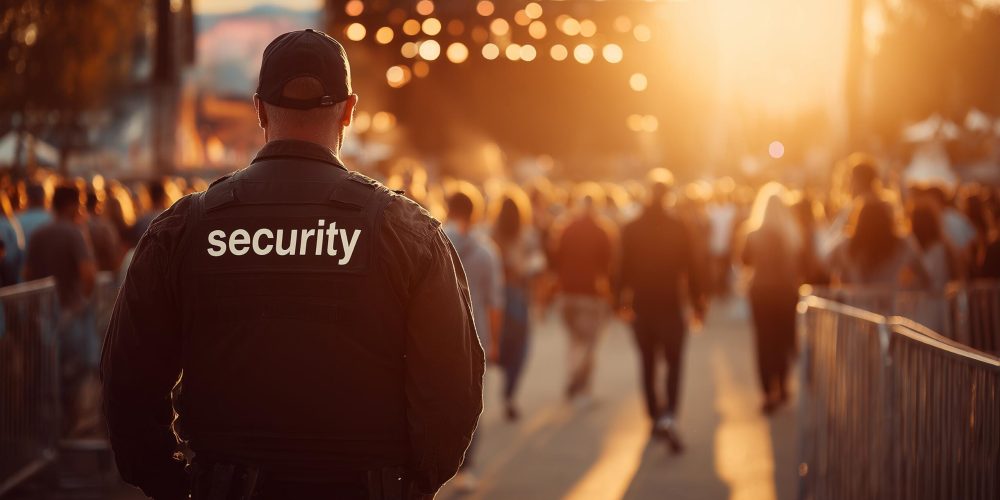 Security guard in black uniform watching over a crowd at an outd